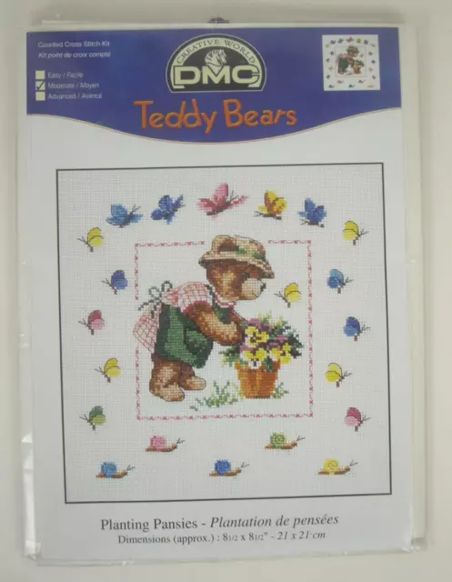 DMC Teddy Bears Planting Pansies Cross Stitch Kit 21cm x 21cm 8.5" x 8.5"