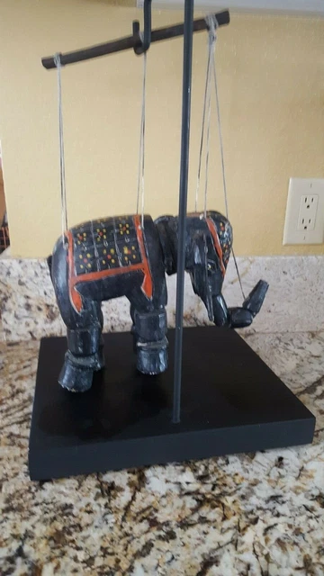 Vintage Elephant 7"x 8" Marionette Handmade Carved Painted Wooden with Stand
