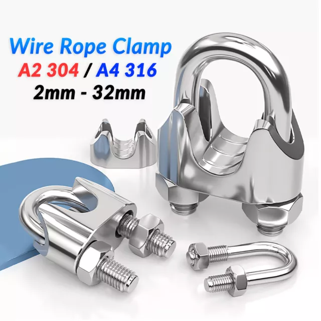 Cable Clamps 1/8” - 1” U-Bolts Stainless Steel Wire Rope Clamps Clips Fastener