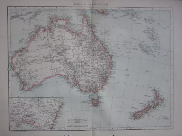 1893 Large Antique Map Australia New Zealand Environs Sydney Melbourne Tasmania