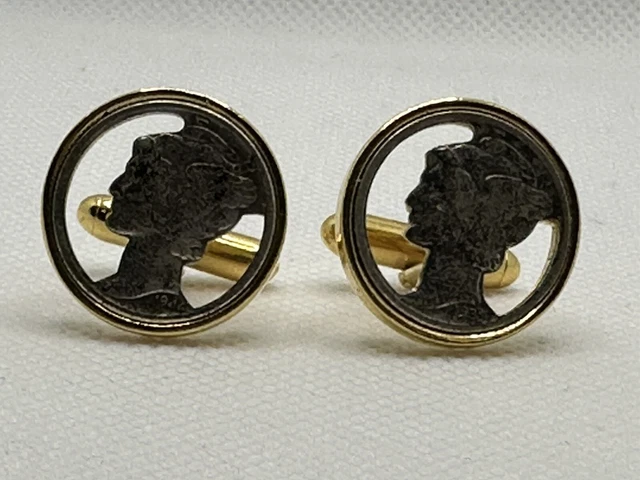 1939-1944 Mercury Dimes Cut Out  Liberty Head - Gold Tone - Cuff Links Vintage