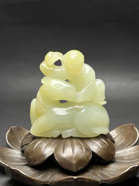 Chinese Exquisite Handmade Child and Deer carving Hetian Jade Statue