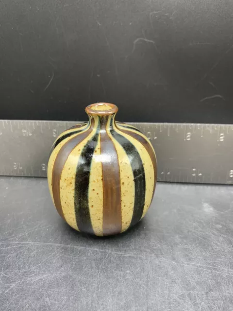Vintage OMC  Otagiri Japan Pottery Bud Vase Mini 3"  Brown Black Brown Strip