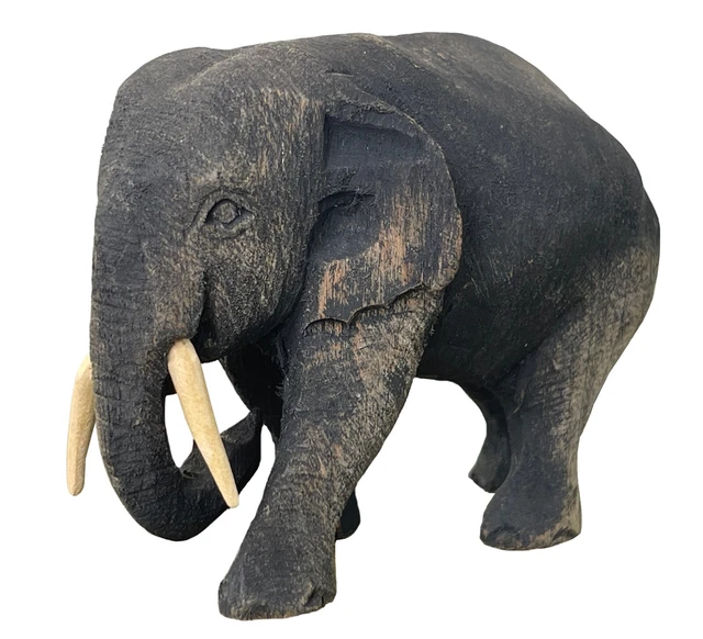 Teak Elephant Wood Sculpture Thai Hand Carved Wooden Figurine Lucky Statue 4"