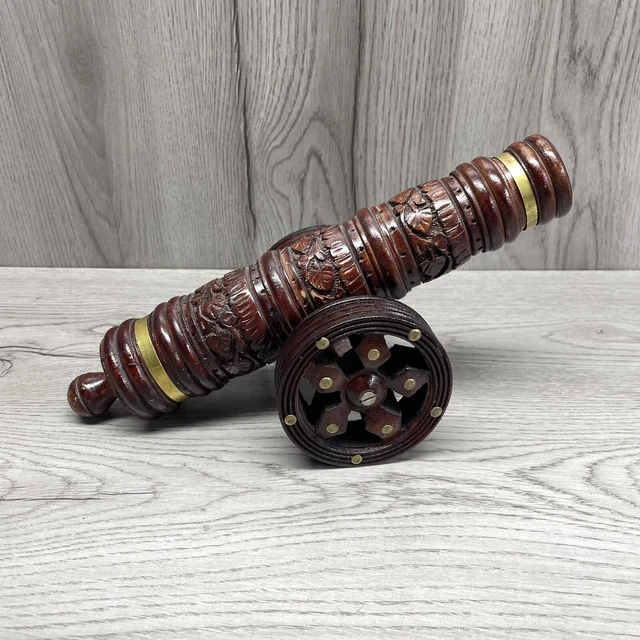 Vintage Hand Carved Wood Cannon Floral Unique Decorative Wooden Piece 12"