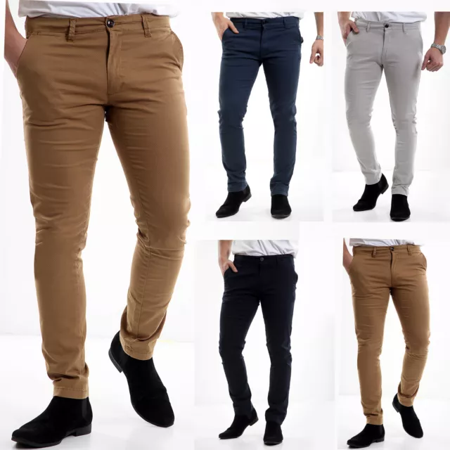 Mens Chino Trousers Slim Fit Skinny Leg Stretch Cotton Pants Casual Jeans Size