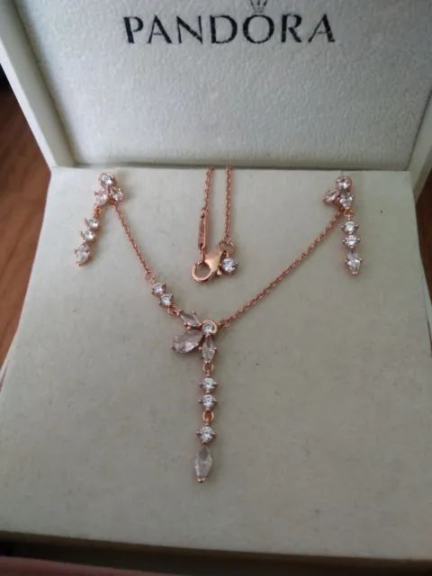 Pandora Rose Gold Sparkling Herbaruim Cluster Drop Necklace & Earrings