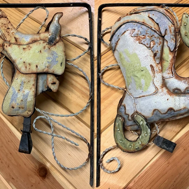 2-Sided Wall Bracket SET: Vtg Metal Art Texas Cowboy Boot Horse Saddle Horseshoe