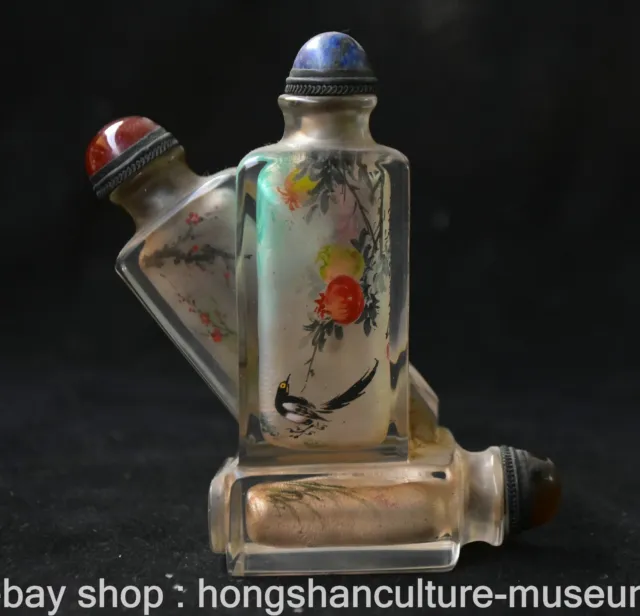 4" Old Chinese Glass Painting Dynasty Flower Bird Snuff box Snuff Bottle