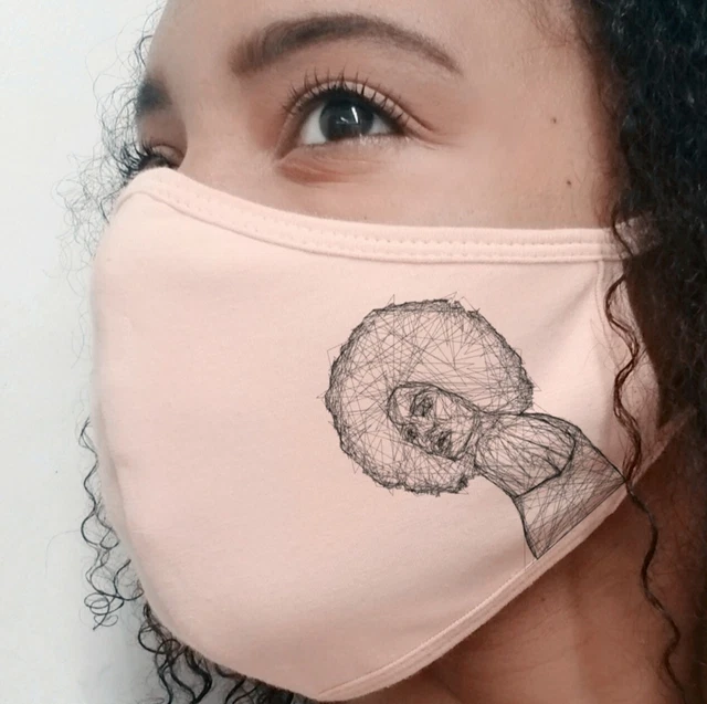 GIRL WITH AFRO Pretty BLM Woman Drawing Sketch Line Art Unique Pink Face Mask US