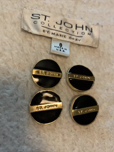 ST JOHN REPLACEMENT BUTTONS 4 ENAMELED BLACK/GOLD TONE LOGO Very Good Used COND.