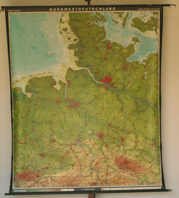 Schulwandkarte Nordsee Hamburg Harz Bremen NRW 191x224cm 1980 vintage wall map