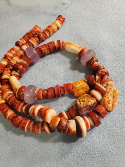 Pre columbian beads shell red orange  tan Amatys colorful original circa 500AD