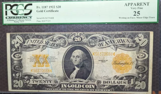 1922 USA $20 Gold Certificate - FR 1187  PCGS VF 25