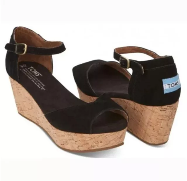 Toms Women’s Platform Suede Cork Wedge Sandals Ankle Strap Peep Toe Black 6.5W