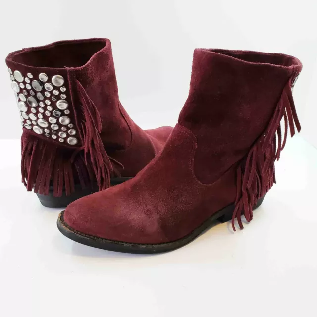 Reba Short Western Boot Sz 7M Fringe Studded Suede Cowgirl Burgundy Wine Red Reba Short Western Boot Sz 7M Fringe Studded Suede Cowgirl Burgundy Wine Red