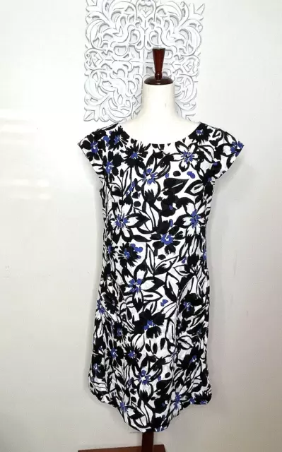 KIM ROGERS size 14 Sheath Dress Cap Sleeves Textured Fabric BLACK BLUE Floral