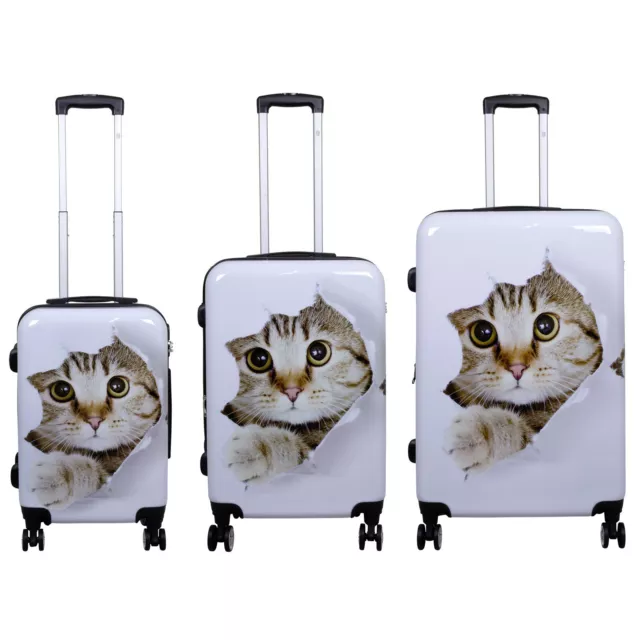 Trolley Koffer & Kofferset 3-teilig Katze weiß Tiermotiv Hartschale bunt Reise