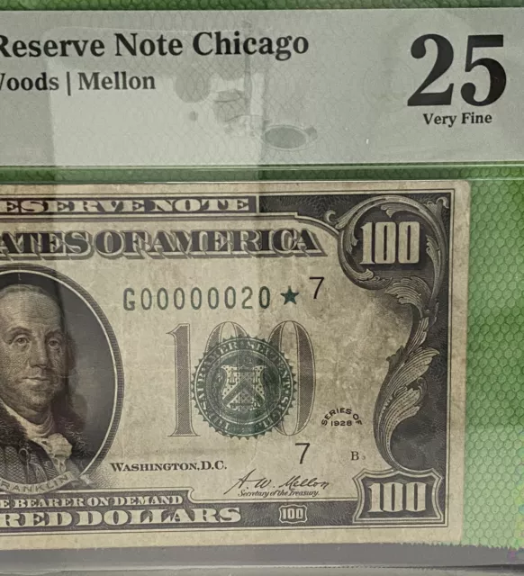 Pmg 25 $100 Bill 1928 Federal Reserve Note Chicago Serial Number G00000020* Star