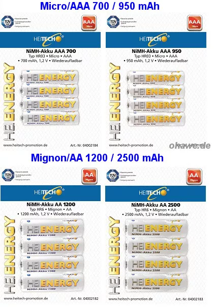 HEITECH HEI ENERGY NiMH Akku Micro/AAA 700 950 mAh / Mignon/AA 1200 2500 mAh