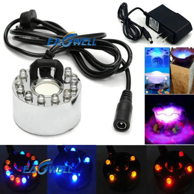 12 LED Ultrasonic Mist Maker Light Fogger Water Fountain Pond  w/ Power Adapter