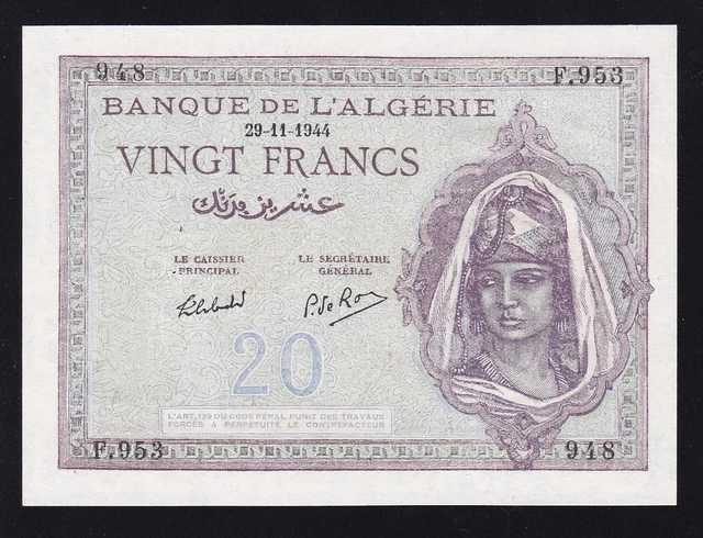 ALGERIA ---  20  FRANCS  1944 ---- a-UNC/UNC ----