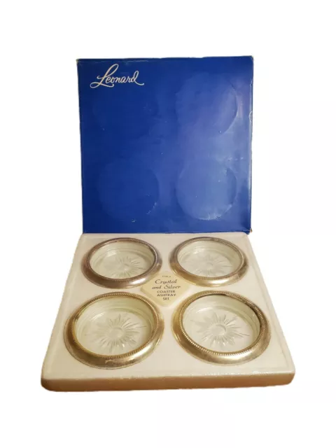 Vintage Crystal And Silver 4 Coaster Leonard Italy Silver Plate MCM NOS