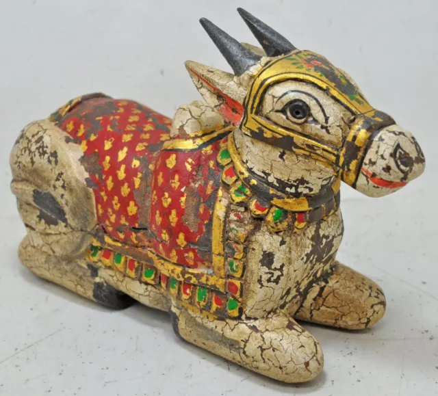 New Fine Hand Carved Solid Hard Wood Sitting Cow Nandi Figurine Hand Painted