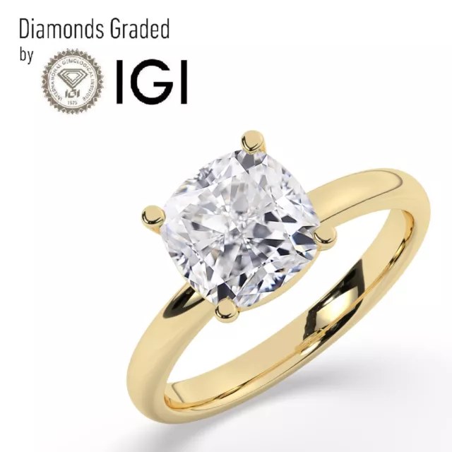 IGI,2 CT, Solitaire Lab-Grown Cushion Diamond Engagement Ring, 18K Yellow Gold