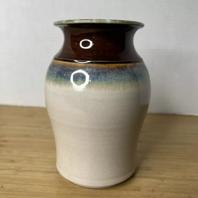 Handmade Signed White & Brown Glazed Ceramic Stoneware Pottery Vase Crock