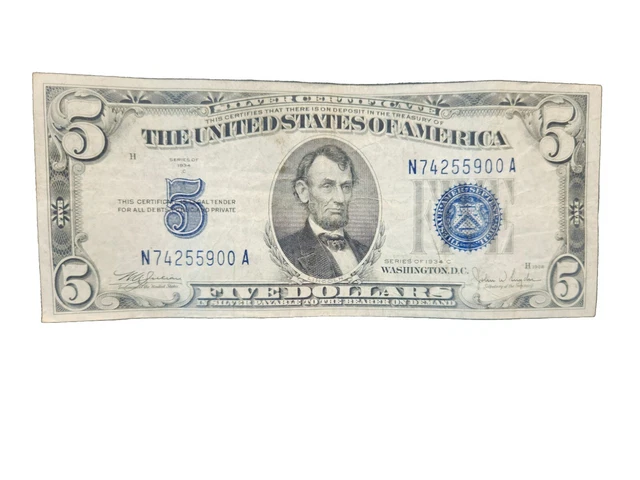 1934 C United States BLUE SEAL Five Dollars $5 Silver Certificate Bill Note