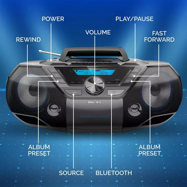 Reproductor de CD portátil Philips Boombox, Bluetooth con radio casete. USB. MP3 2