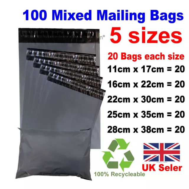 100 MIXED SIZES Grey Postage/Poly/Postal Mailing Bags/Sacks/Envelopes Self Seal