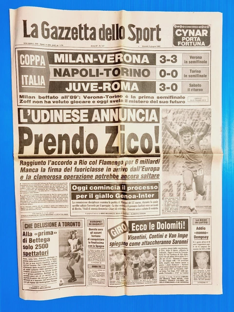 Gazzetta Dello Sport 2 Juin 1983 – Annonce Zico à L'Udinese, Bettega Toronto