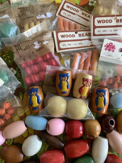 Vintage 70's Wood Macrame Crafting Sewing Beads Lot Owls