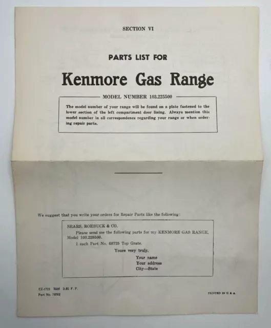 Sears Kenmore Gas Range Parts List Guide Model 103.225500 1940s 1950s?