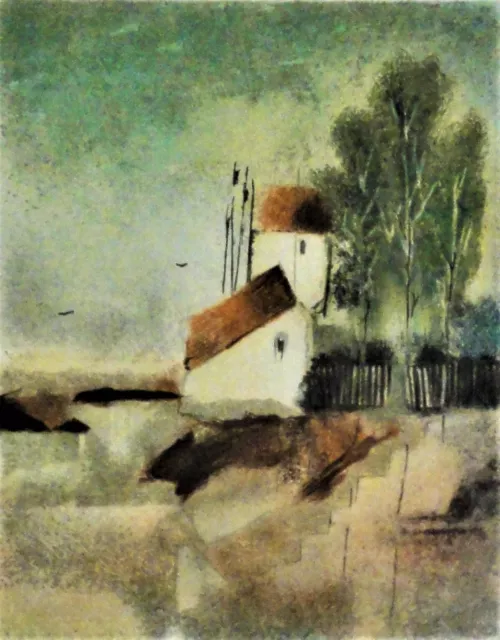 Rudolf L JEITER (1944-2019) Litografía Color Abstracto 1981: PUEBLO CON ÁRBOLES Y VALLA