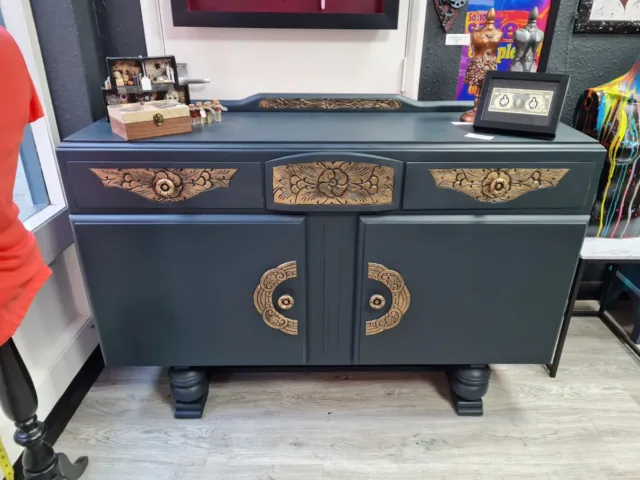 Vintage 1950s Sideboard / Buffet Professionally Upcycled Dark Teal and Gold 2