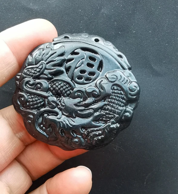 Dragon fu word carving natural black green jade stone pendant,amulet necklace