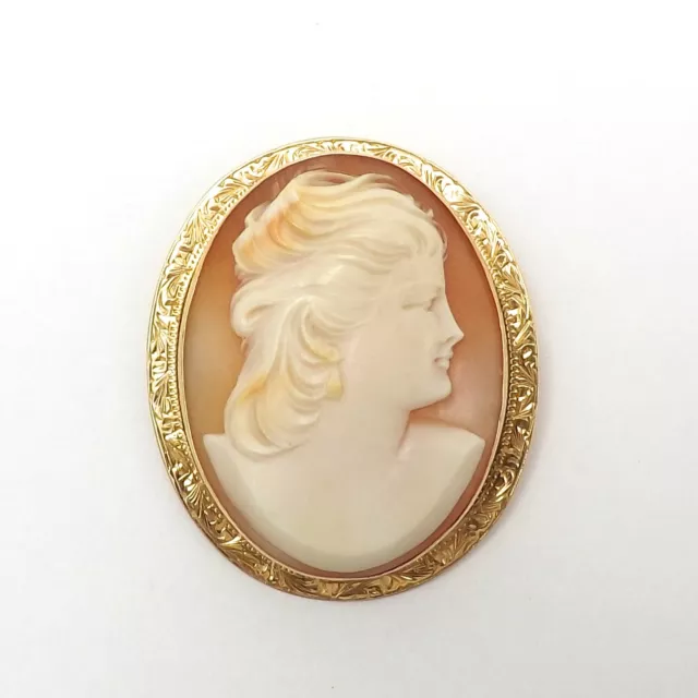 Victorian 14k Gold Carved Shell Cameo Etched Frame Brooch Pin Pendant