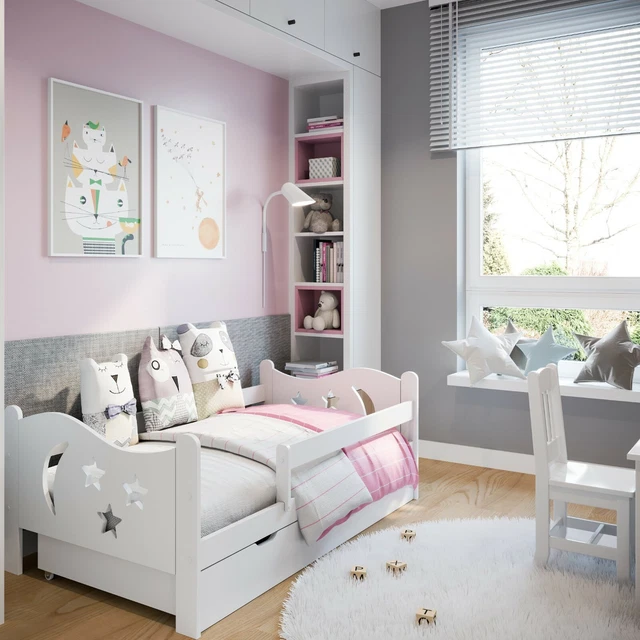 Kinderbett mit Rausfallschutz Schublade Matratze Bett 80x140 80x160 80x180 cm