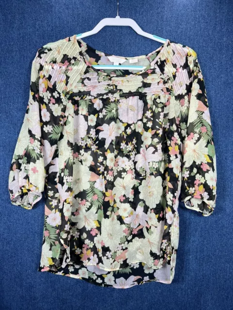 Lauren Conrad Top Womens Medium Floral Semi Sheer 3/4 Sleeve Blouse High Low Top