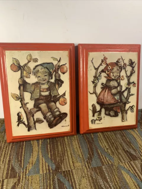 Vintage Hummel Wall Plaques~Boy Girl~Burnt Orange Wood Frame~Excellent~Gift