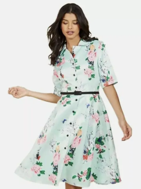 New ModCloth Viola M Floral Retro Midi Dress Womens Medium Mint Blossom Blue BC