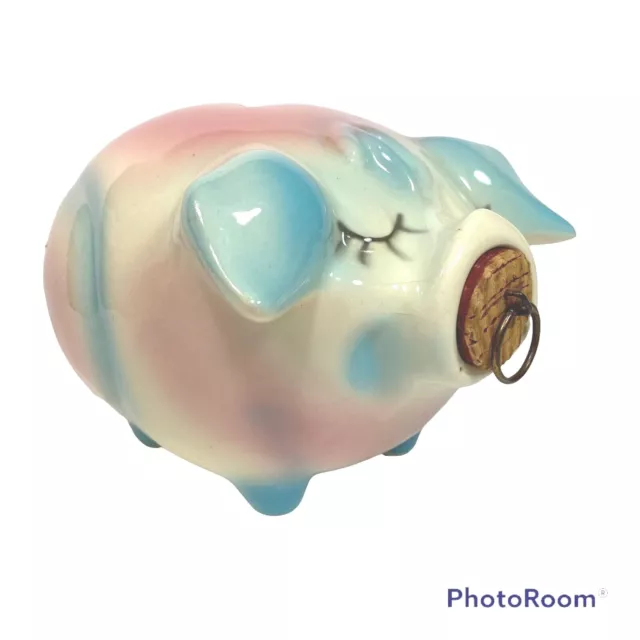 Hull Pottery Corky Piggy Bank 1957 Pink Pig Blue Ears With Cork H P Co Made USA