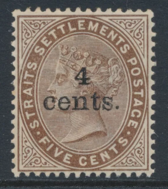 Straits Settlements 1898 SG 106 FOUR CENTS on 5c Brown MH WMK CROWN CA