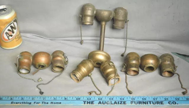 4 Vintage Art Glass lamp cluster Light Double Socket Brass Pull Chain Benjamin