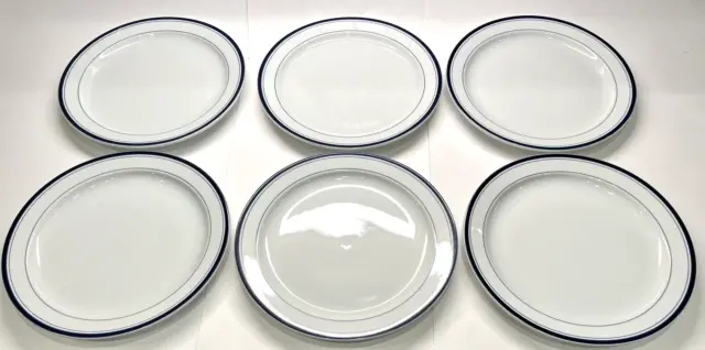 SET (6) Crate & Barrel 10.5" Porcelain Dinner Plates White & Navy-Blue Trim