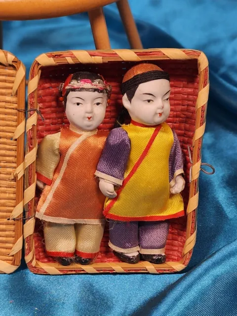 All Bisque Antique Doll pair in basket Mini Miniature Dollhouse 3” Jointed Arms