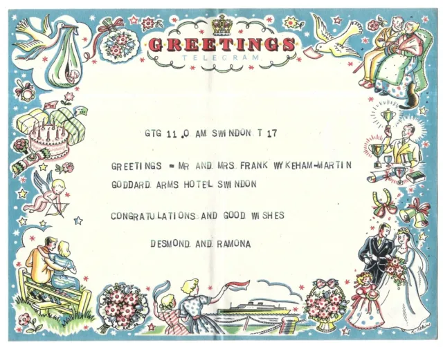 Vintage Greetings Telegram From Goddard Arms Hotel Swindon 1953